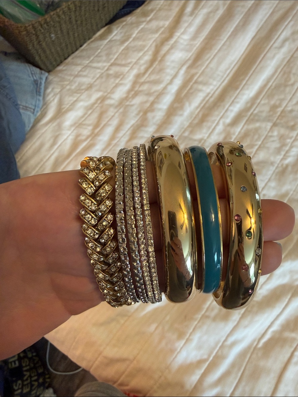 Gold and Teal Mixed Bangle Bracelet Set - Women Jewelry